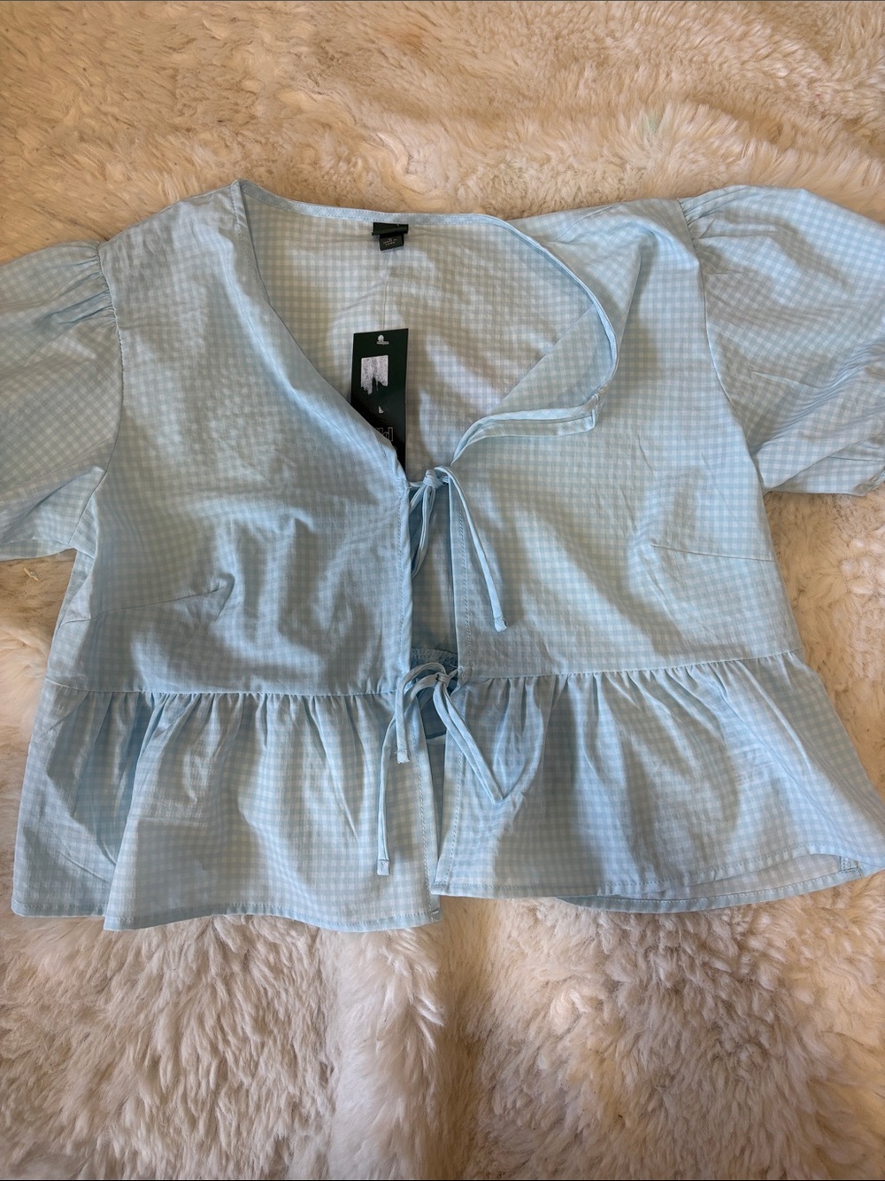 wild fable Light Blue Gingham Tie-Front Peplum Top